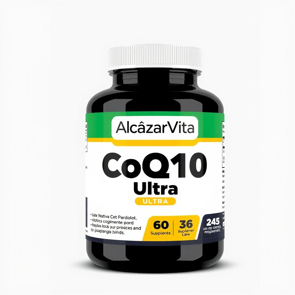 Bote de suplemento Alcazarvitacx CoQ10 Ultra con un diseño moderno y etiqueta clara.