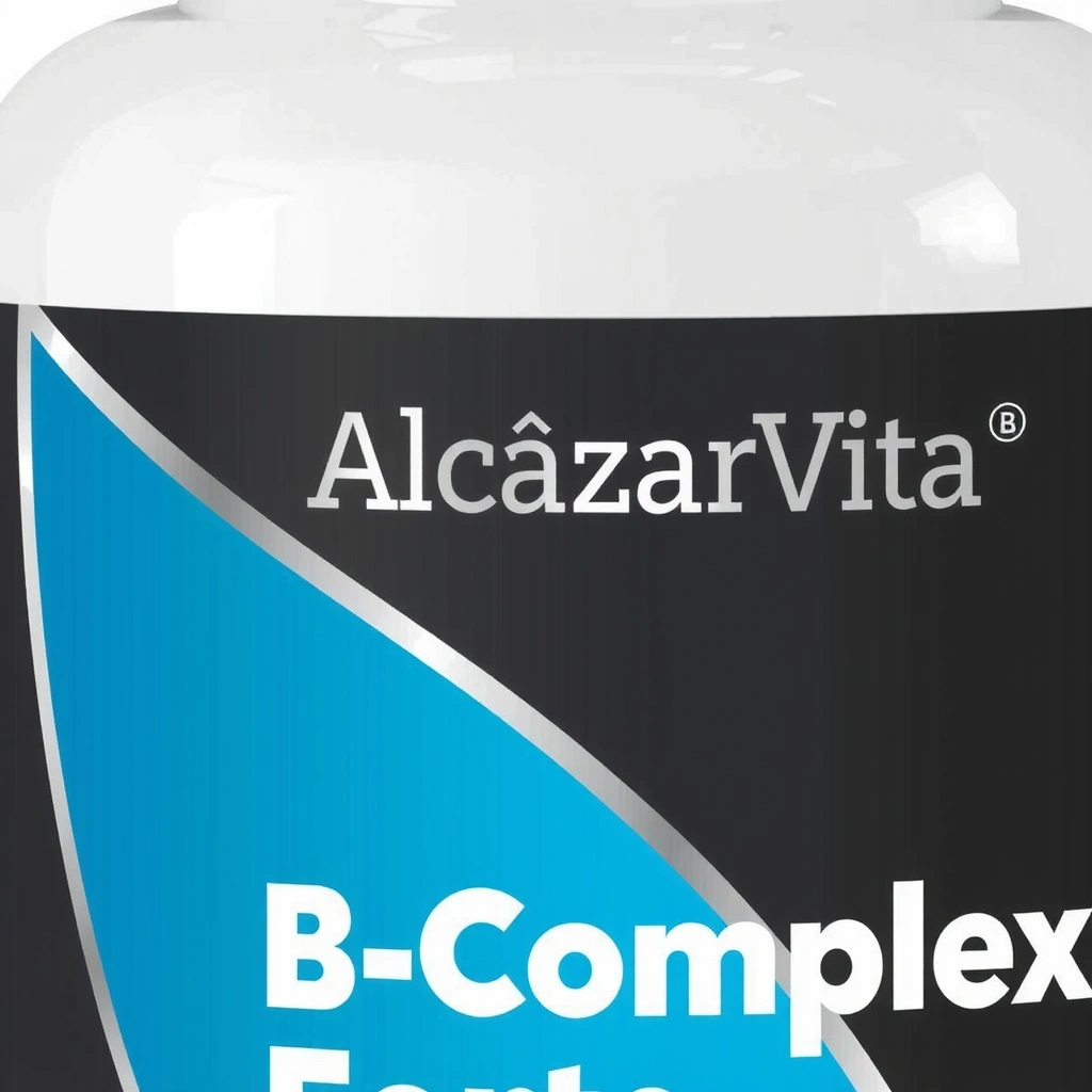 Bote de suplemento Alcazarvitacx B-Complex Forte con un diseño moderno y etiqueta clara.