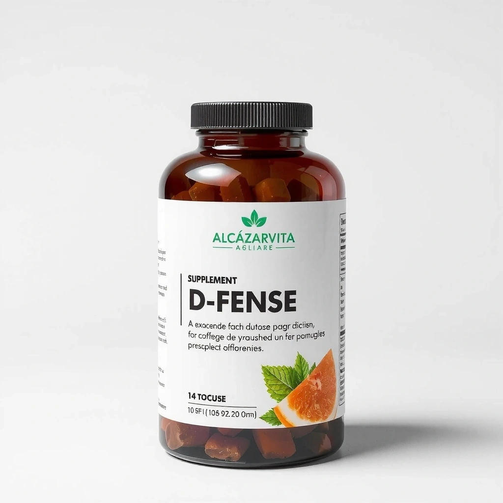 Bote de suplemento Alcazarvitacx D-Fense con un diseño moderno y etiqueta clara.
