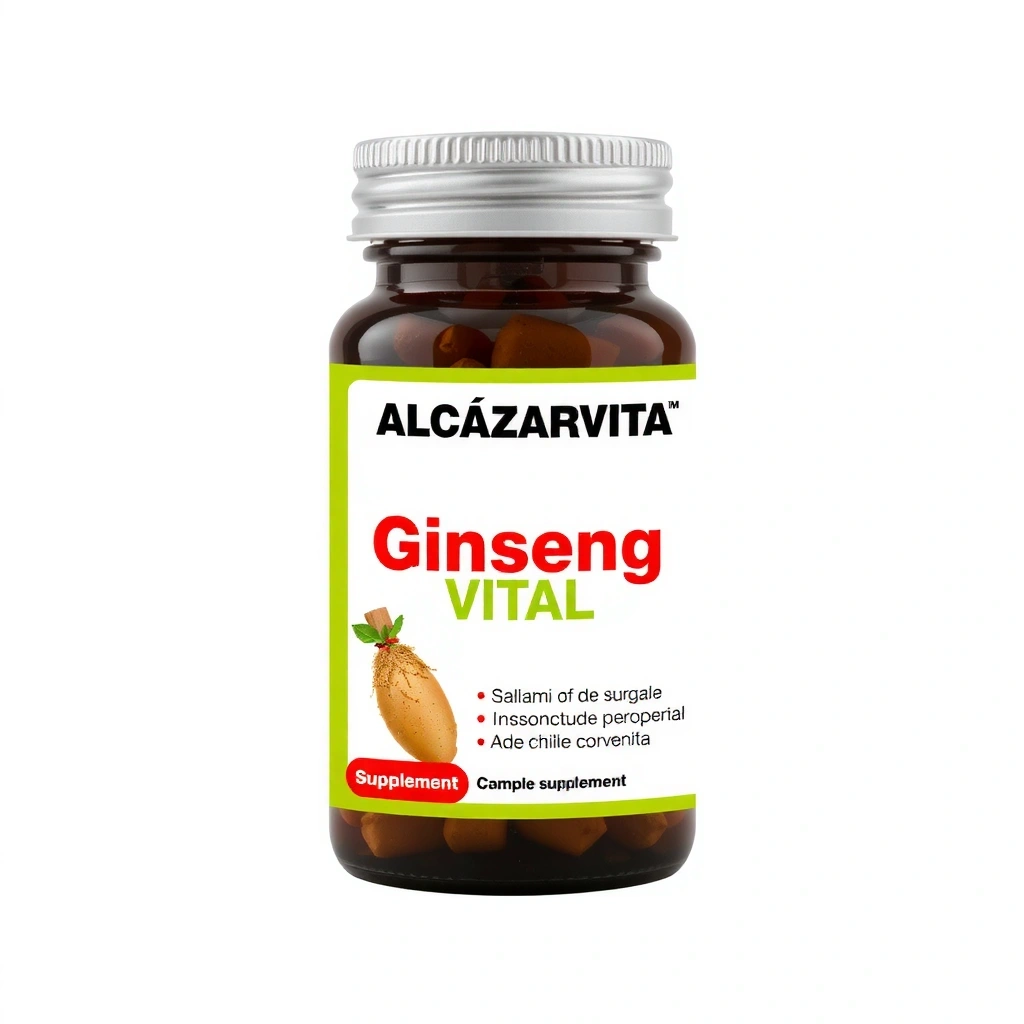 Bote de suplemento Alcazarvitacx Ginseng Vital con un diseño moderno y etiqueta clara.