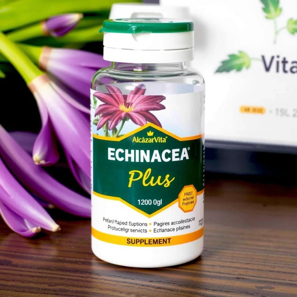 Bote de suplemento Alcazarvitacx Equinácea Plus con un diseño moderno y etiqueta clara.
