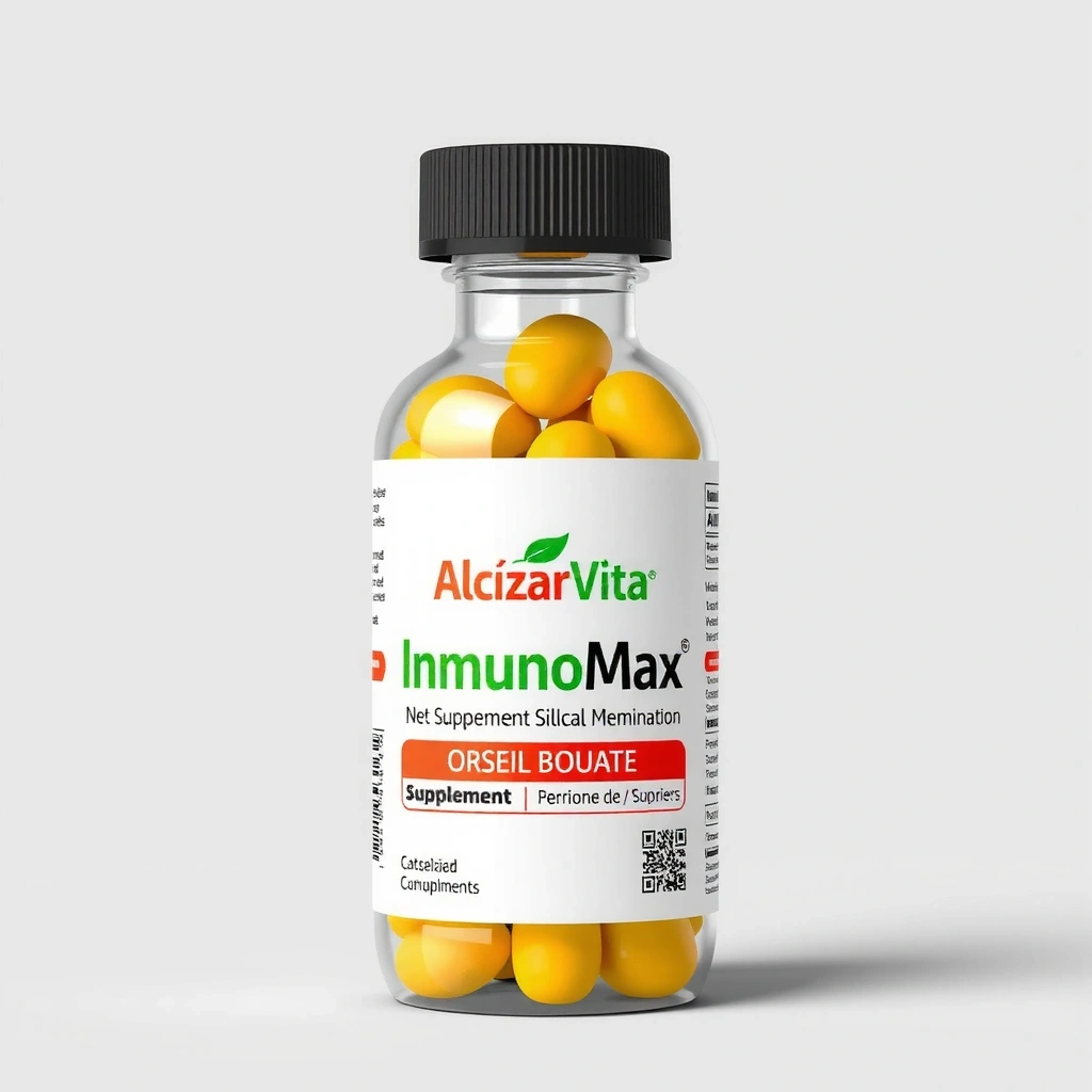 Bote de suplemento Alcazarvitacx InmunoMax con un diseño moderno y etiqueta clara.