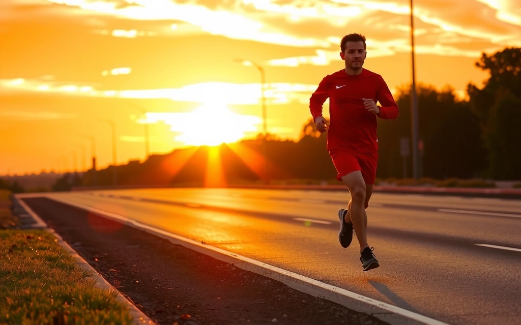 Persona atlética corriendo al amanecer, simbolizando energía y vitalidad, con colores cálidos y dinámicos.