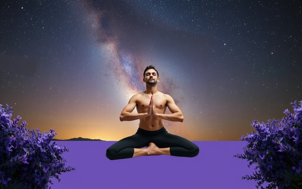Persona en una pose de yoga tranquila, rodeada de elementos que sugieren relajación y sueño reparador, como lavanda y un cielo estrellado.