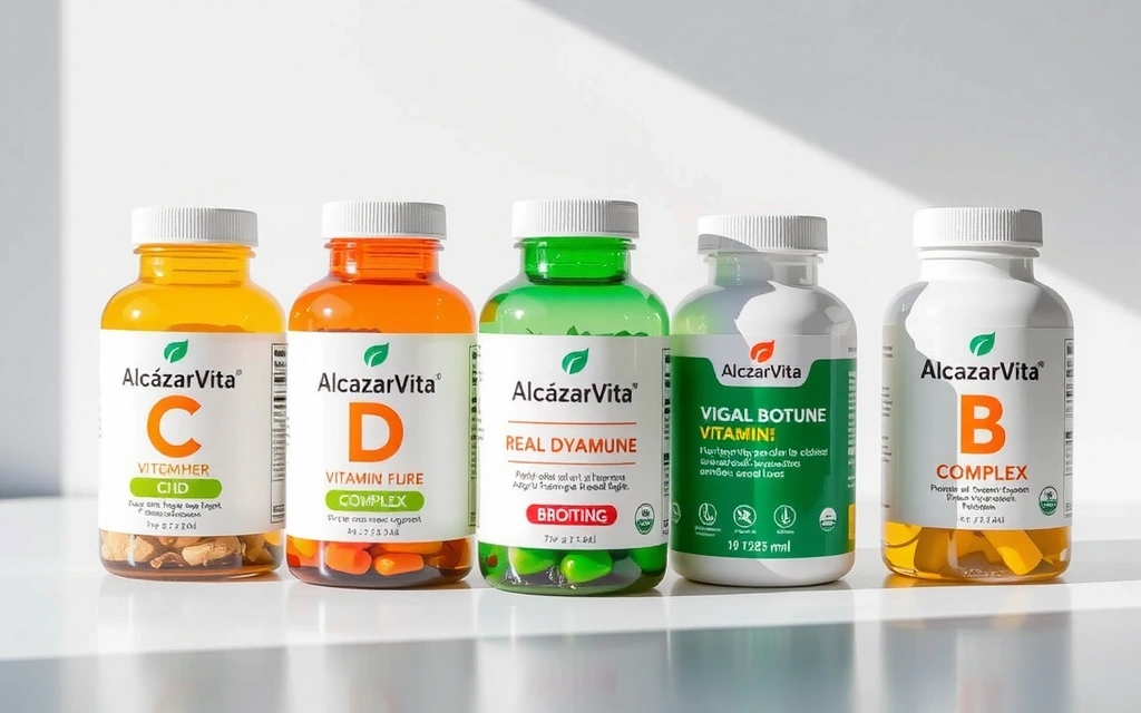 Variedad de vitaminas de Alcazarvitacx en envases elegantes